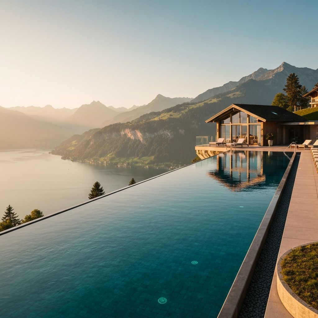 Bürgenstock Resort Switzerland dramatic clifftop infinity pool 500 metres above Lake Lucerne with Swiss Alps panorama at golden afternoon