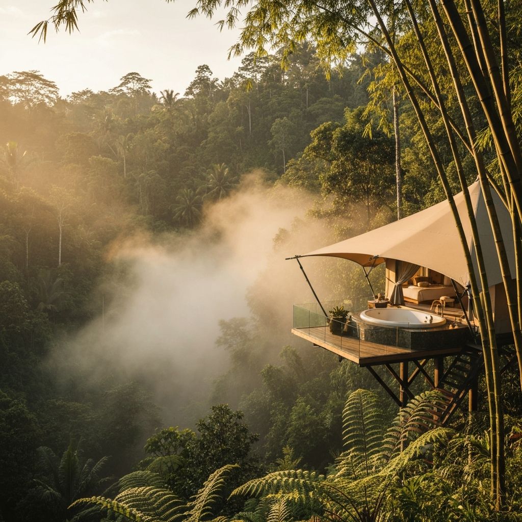 Capella Ubud elevated tented camp in tropical jungle canopy above sacred Ubud forest, Bali