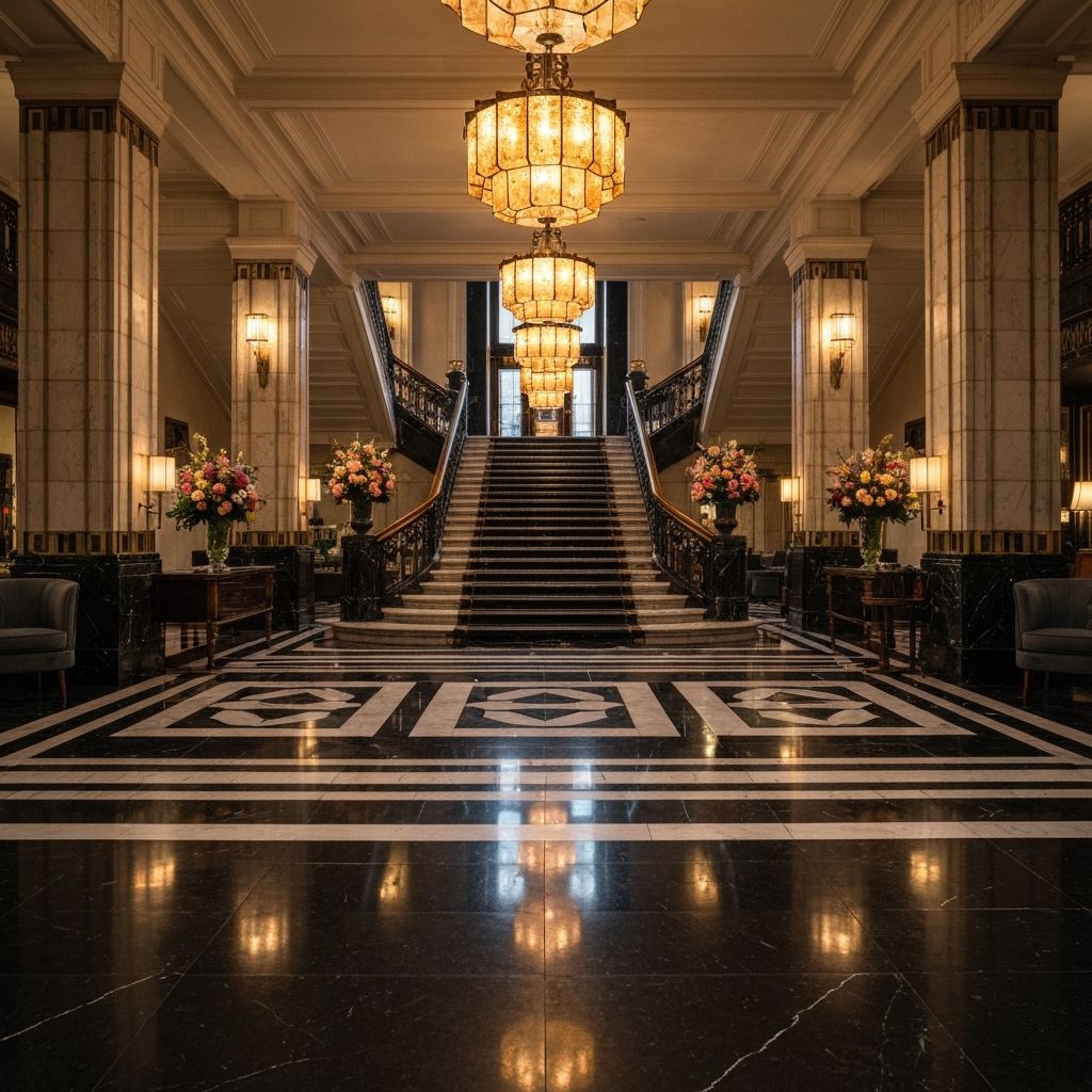 Claridge's hotel London iconic Art Deco lobby with black and white marble floors, grand staircase and warm amber chandeliers
