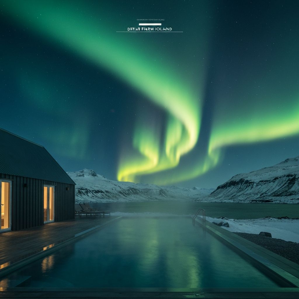 Deplar Farm Icelandic luxury lodge with Northern Lights above Trollaskagi fjord mountains