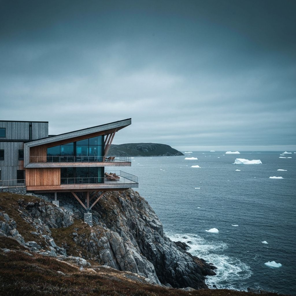 Fogo Island Inn Newfoundland Canada, dramatic modern angular architecture perched on rocky North Atlantic cliff with icebergs in distance