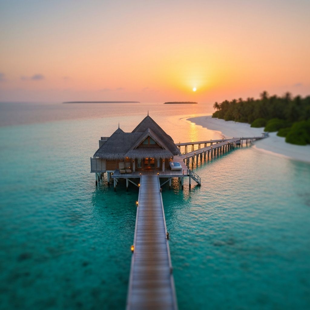 Gili Lankanfushi Maldives rustic-chic overwater villa on stilts above crystal turquoise lagoon with wooden jetty at tropical sunset