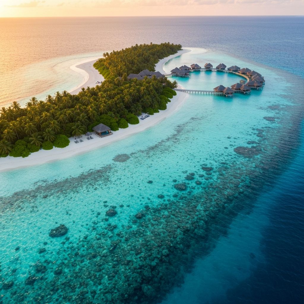 Kokomo Private Island aerial view, turquoise Fijian lagoon and overwater bungalows at sunset