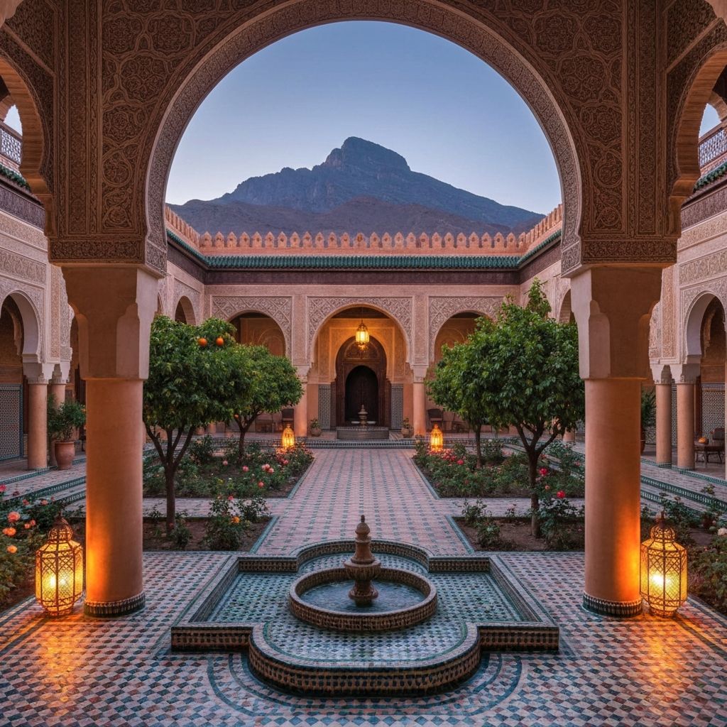 La Mamounia palatial Moorish garden courtyard with ornate arches and fountains at dusk, Marrakech
