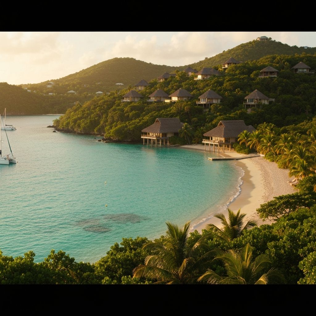 Rosewood Little Dix Bay British Virgin Islands crescent beach with luxury thatched pavilion villas, turquoise Caribbean sea and sailboats at golden hour