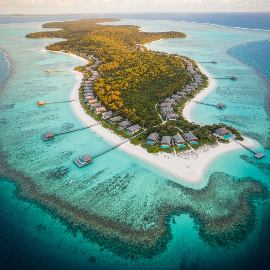 Lizard Island Resort Australia aerial view of pristine white sand cove surrounded by Great Barrier Reef lagoon