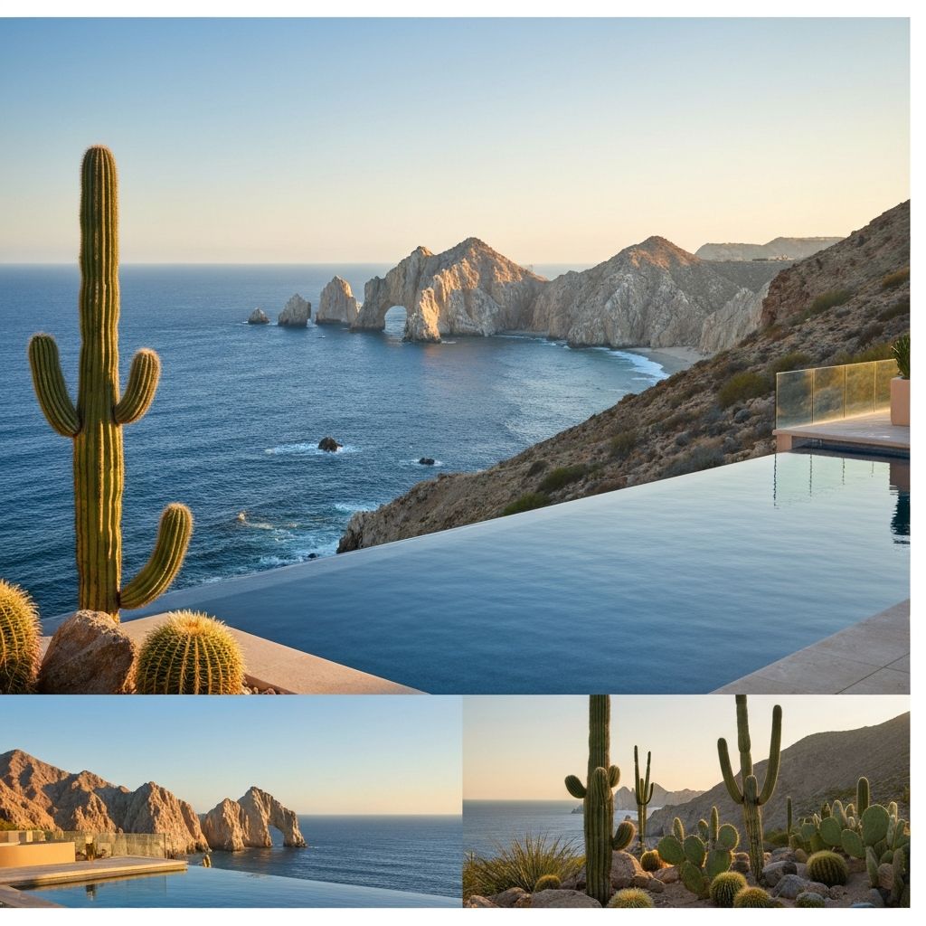 Montage Los Cabos Mexico infinity pool overlooking dramatic Baja desert coastline meeting deep blue Sea of Cortez at golden sunset