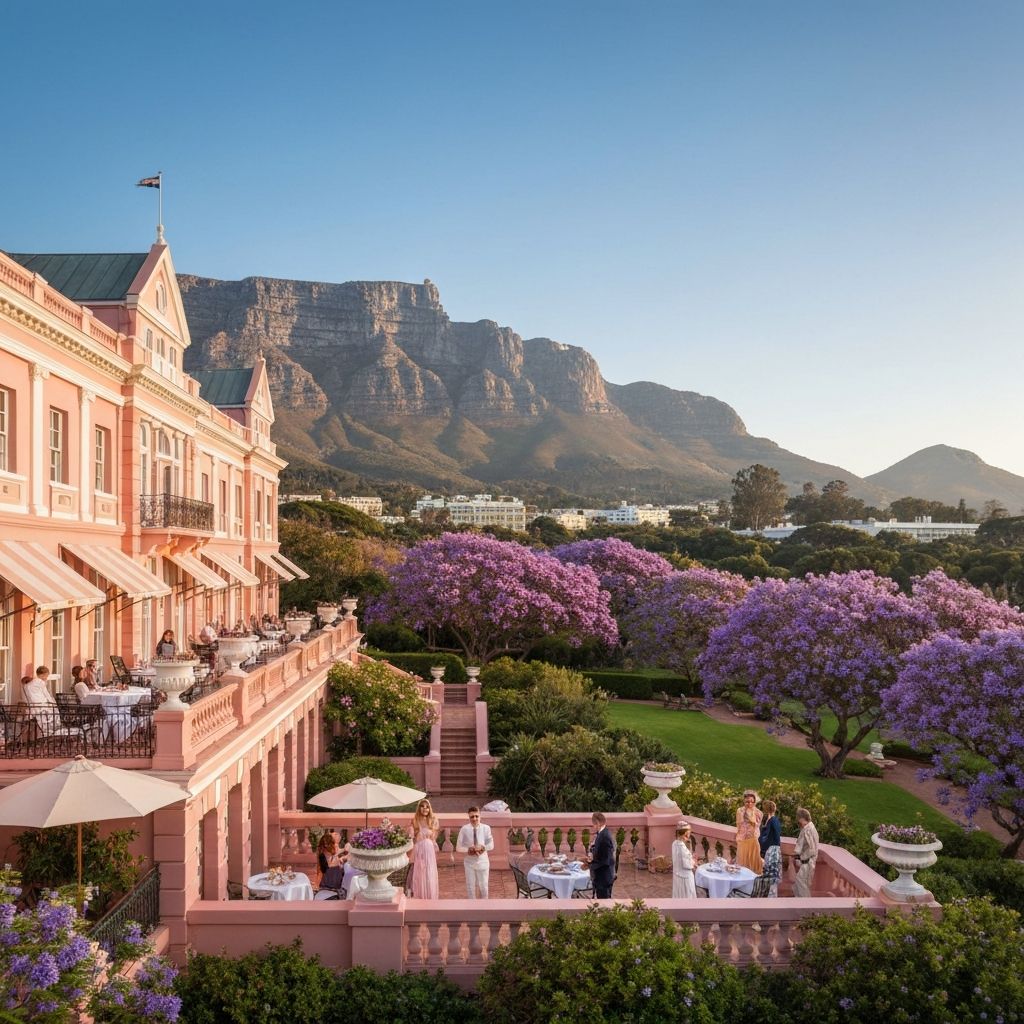 Belmond Mount Nelson Hotel Cape Town iconic pink colonial facade with manicured gardens and Table Mountain backdrop
