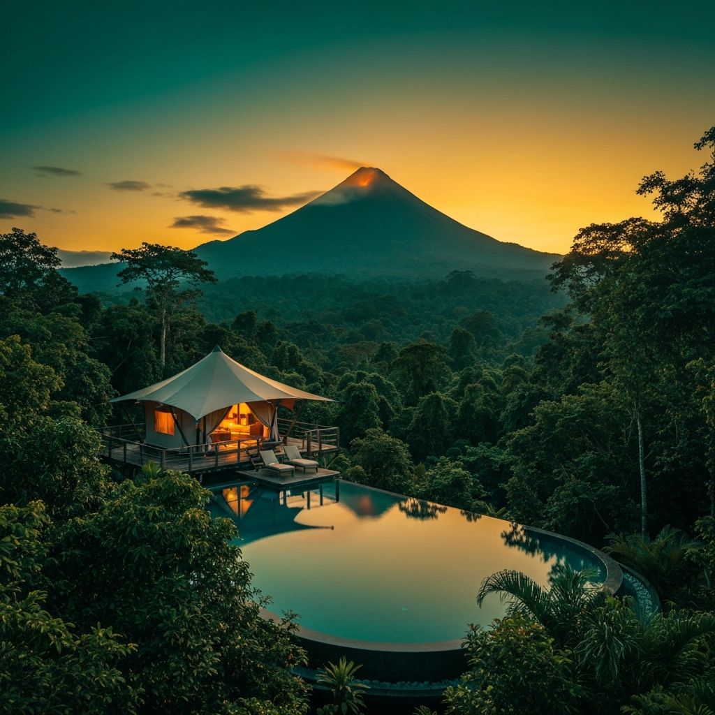 Luxury glamping tent above jungle canopy at Arenal Volcano, Costa Rica at golden dusk