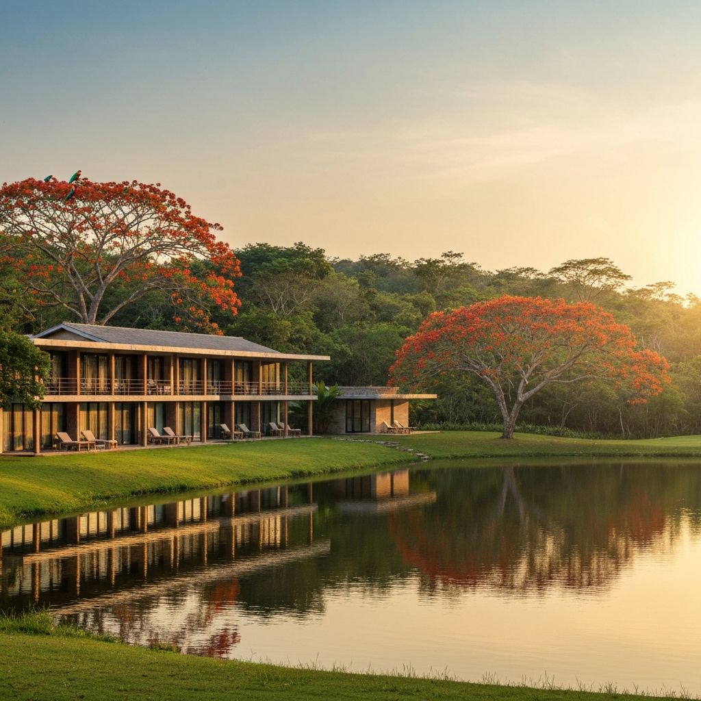 Nekupe hacienda luxury lodge surrounded by private rainforest reserve at sunset, Nicaragua
