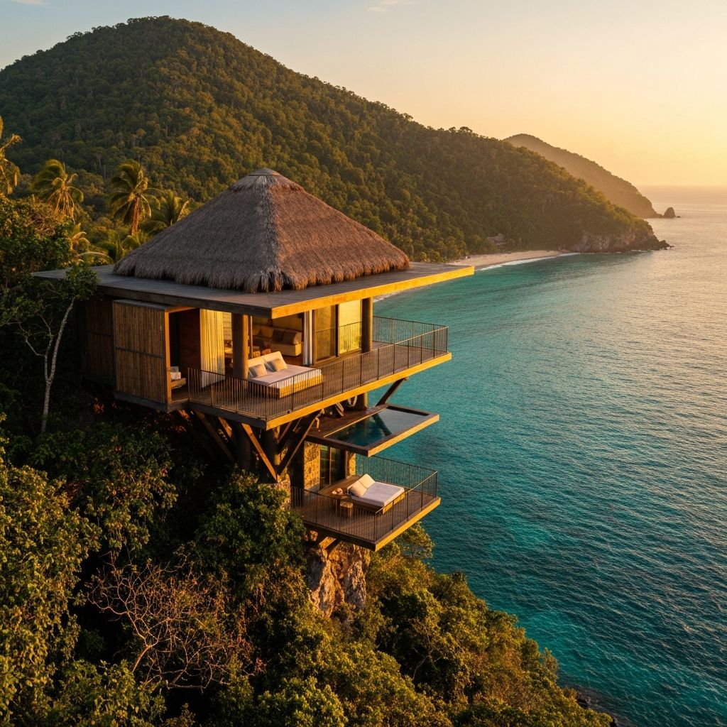 One&Only Mandarina Mexico treehouse villa suspended in jungle canopy above Pacific Ocean cliff at golden sunset, Riviera Nayarit