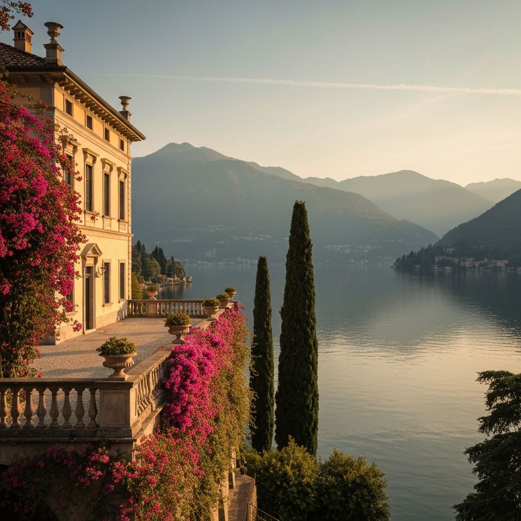 Passalacqua hotel Lake Como Italy, 18th-century villa terrace with bougainvillea and cypress above mirror-calm turquoise lake