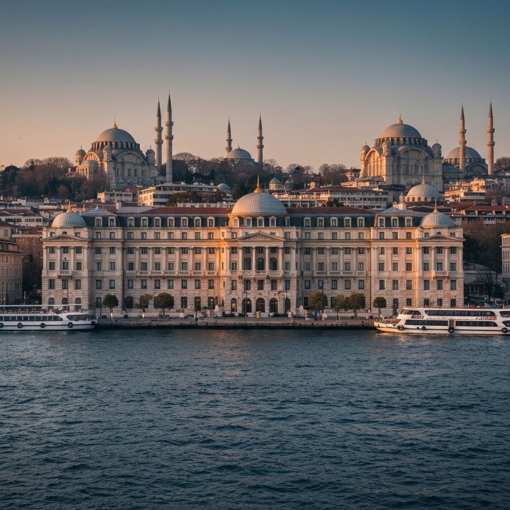 The Peninsula Istanbul historic European facade on Bosphorus waterfront with Ottoman mosques on skyline and ferry boats at golden dusk