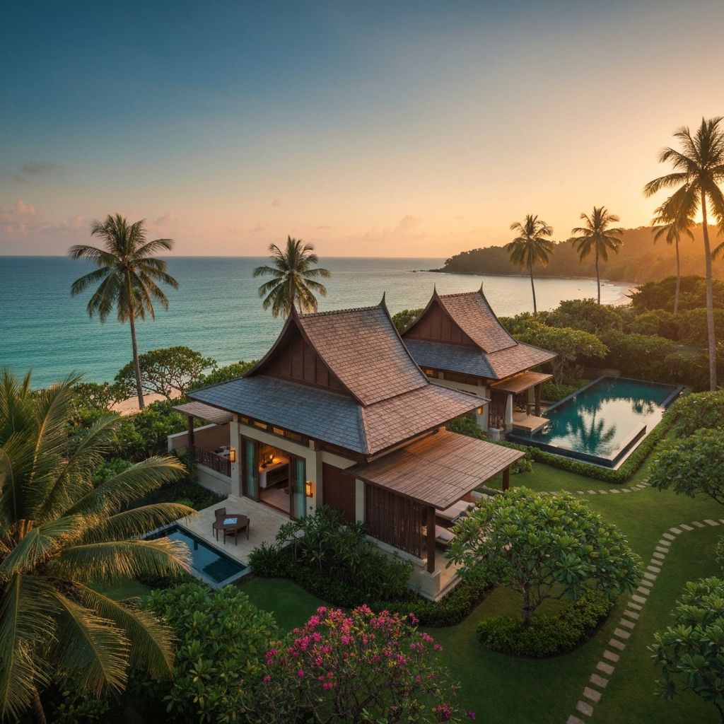 Rosewood Phuket Thailand luxury pool villa amid tropical gardens on Hala Bay crescent beach with emerald Andaman Sea