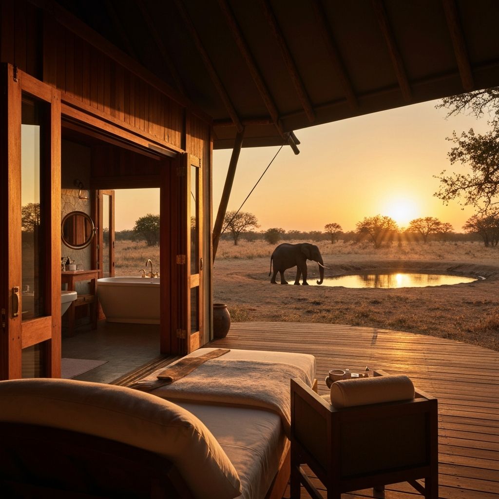 Royal Malewane Kings Camp ultra-luxury open-air safari suite facing elephants at golden waterhole at sunrise, Greater Kruger reserve