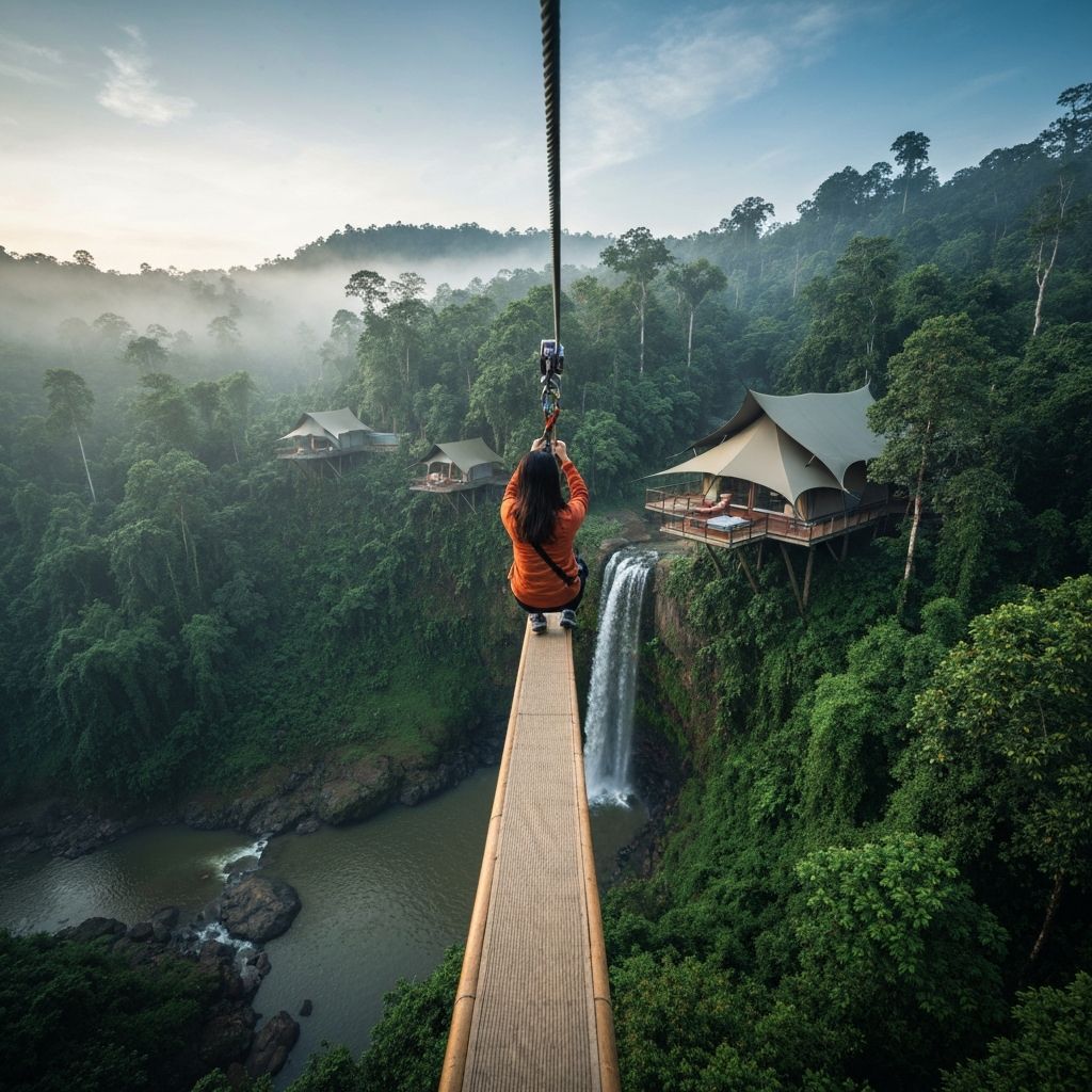 Shinta Mani Wild Cambodia luxury tented camp with jungle zipline arrival over Cardamom Mountains waterfall valley