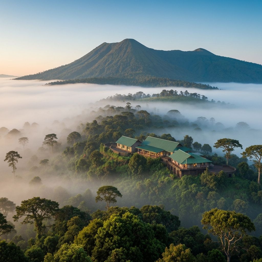 Singita Kwitonda Lodge Rwanda luxury villa amid misty Virunga volcanic gorilla habitat at dawn