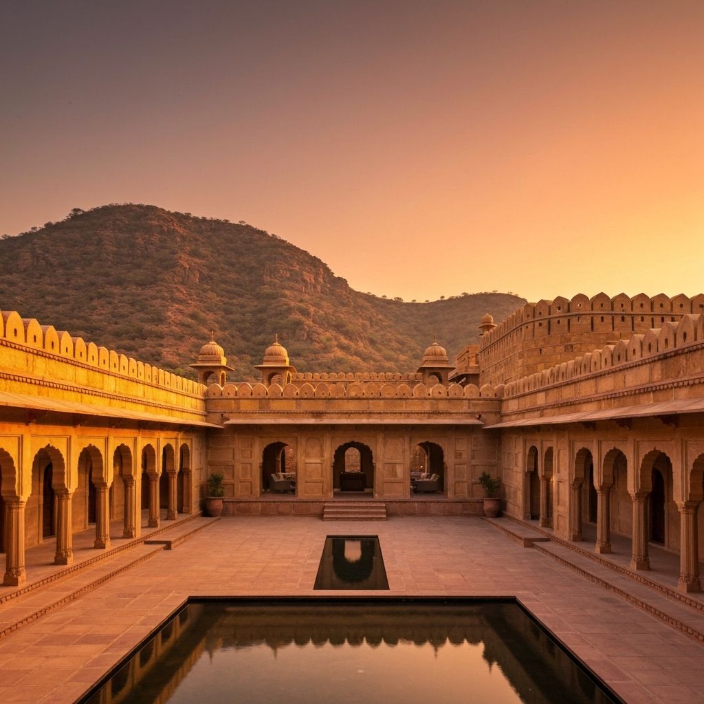 Six Senses Fort Barwara Rajasthan India restored 14th-century warrior fort with golden sandstone walls and reflecting pool at amber sunset