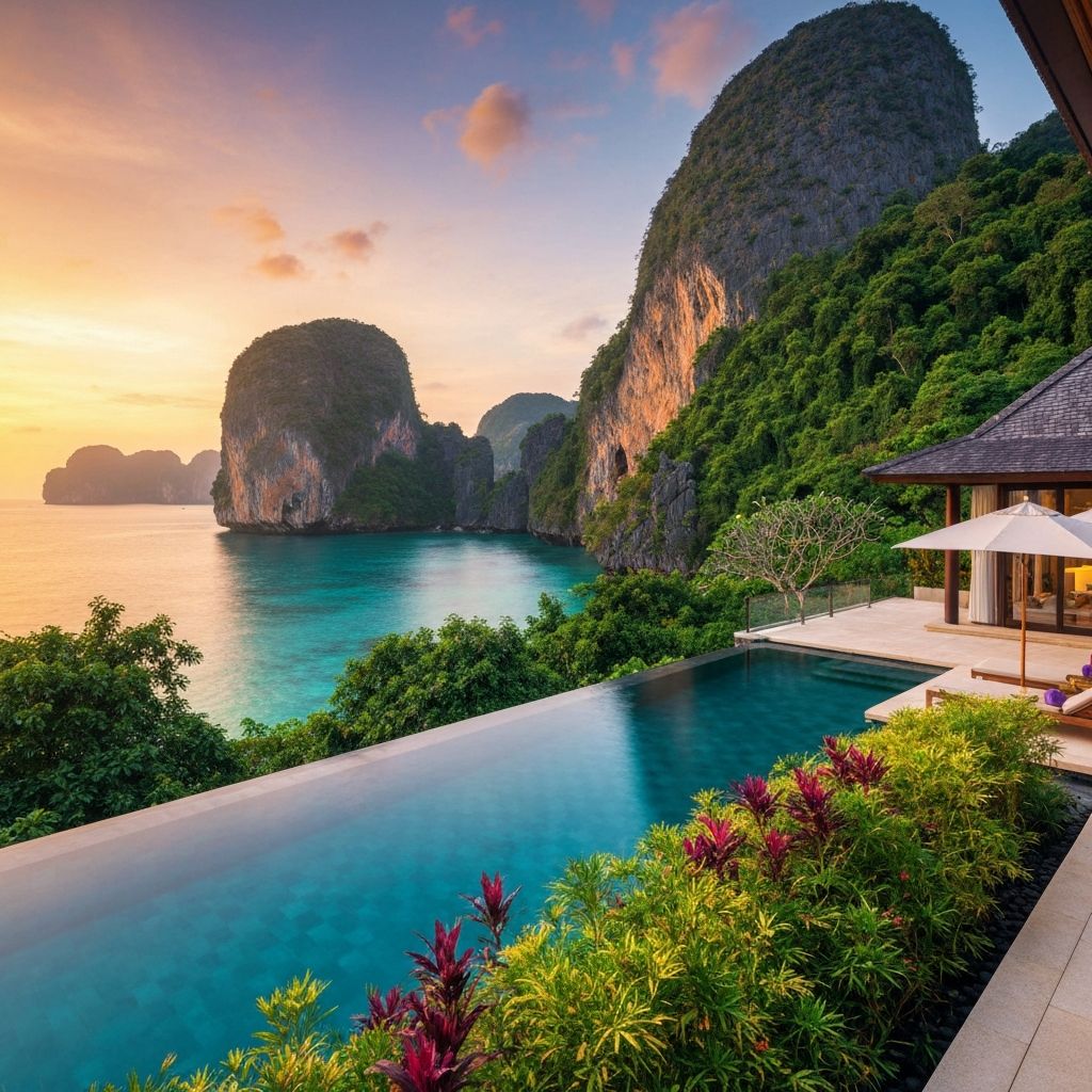 Six Senses Yao Noi infinity pool villa overlooking limestone karsts of Phang Nga Bay, Thailand