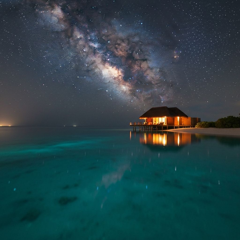 Soneva Fushi Maldives beach villa at night under Milky Way with bioluminescent lagoon, barefoot luxury original island