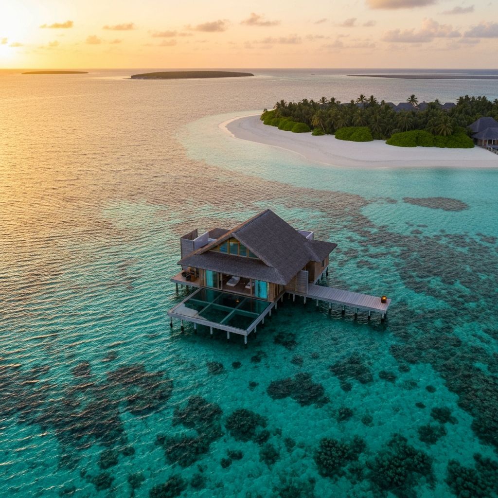 Soneva Secret Maldives ultra-private overwater villa with glass floor above coral reef, pristine sandbank and turquoise lagoon aerial view