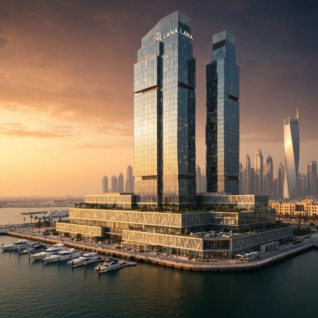 The Lana Dubai Dorchester Collection, sculptural modern glass tower on Dubai Creek harbour waterfront with yacht marina at golden hour