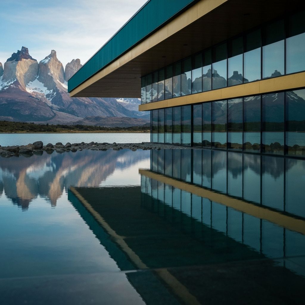 Tierra Patagonia hotel on windswept plain with Torres del Paine granite towers, Chile