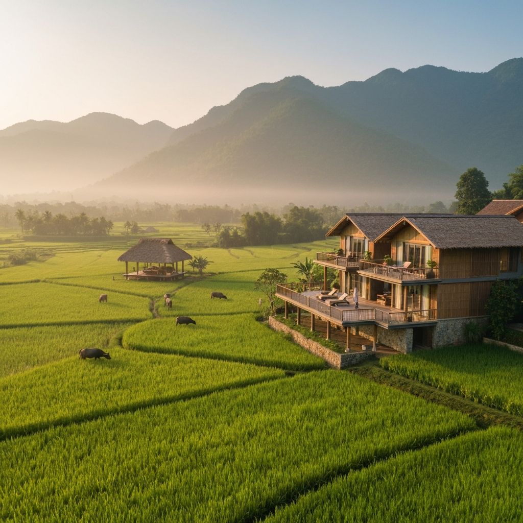Zannier Hotels Bãi San Hô Vietnam luxury hill villa amid emerald rice paddy fields with misty mountains and water buffalo at golden morning